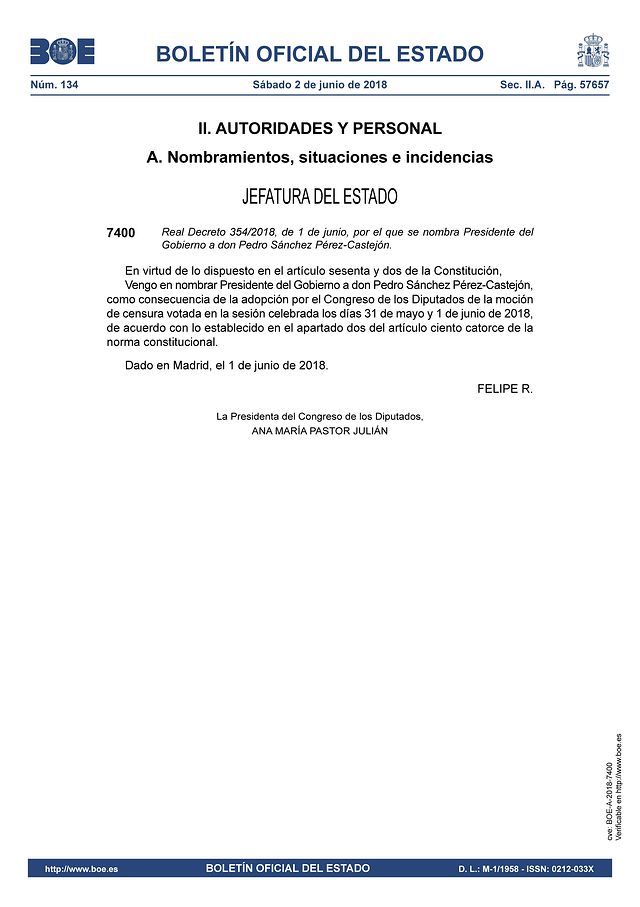 Disposición 7400 del BOE núm. 134 de 2018 - Nombramiento Pedro Sánchez