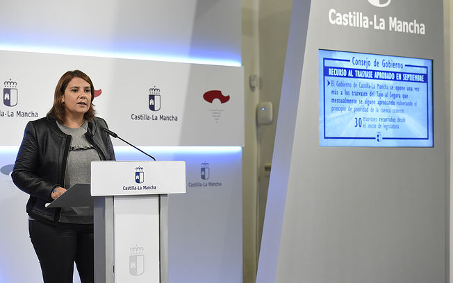 La consejera de Fomento, Agustina García Élez, ofrece, en el Palacio de Fuensalida, una rueda de prensa para informar de los asuntos del Consejo de Gobierno relacionados con su departamento. (Fotos: José Ramón Márquez // JCCM)